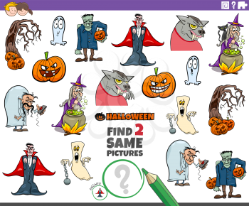Cartoon Illustration of Finding Two Same Pictures Educational Game for Kids with Halloween Characters