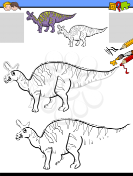 Cartoon Illustration of Drawing and Coloring Educational Activity for Children with Lambeosaurus Prehistoric Dinosaur Character