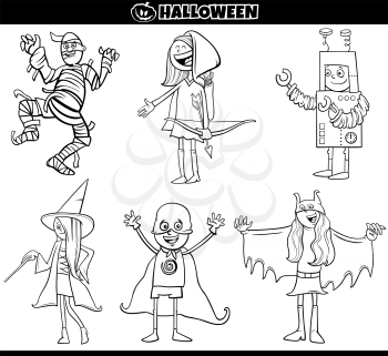 Black and White Cartoon Illustration of Kids and Teens in Costumes at Halloween Party or Masked Ball Set Coloring Book Page
