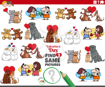 Cartoon illustration of finding two same pictures educational game with couples at Valentines day