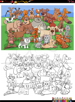 Cartoon Illustration of Funny Cats and Dogs Pets Animal Characters Group Coloring Book Page