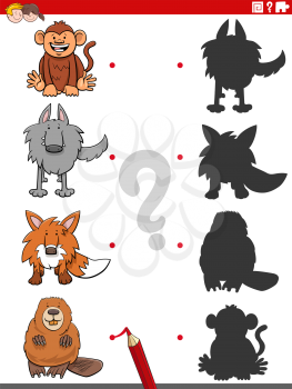 Cartoon Illustration of Match the Right Shadows with Pictures Educational Game for Children with Animal Characters