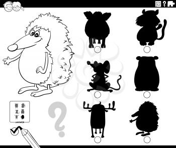 Black and White Cartoon Illustration of Finding the Right Shadow to the Picture Educational Game for Children with Wild Animal Characters Coloring Book Page