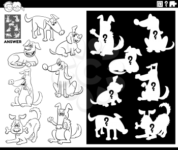 Black and White Cartoon Illustration of Match Objects and the Right Shape or Silhouette with Dogs Animal Characters Educational Game for Children Coloring Book Page