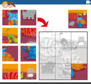 Cartoon Illustration of Educational Jigsaw Puzzle Task for Children with Cats and Kittens Animal Characters Group