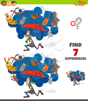 Cartoon Illustration of Finding Differences Between Pictures Educational Game for Children with Raining like Cats and Dogs Proverb