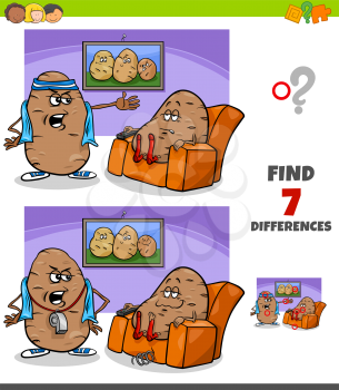 Cartoon Illustration of Finding Differences Between Pictures Educational Game for Children with Couch Potato Proverb