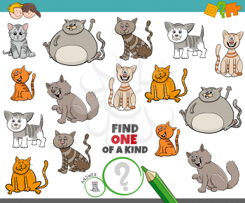 Cartoon Illustration of Find One of a Kind Picture Educational Game with Comic Cats and Kittens Animal Characters