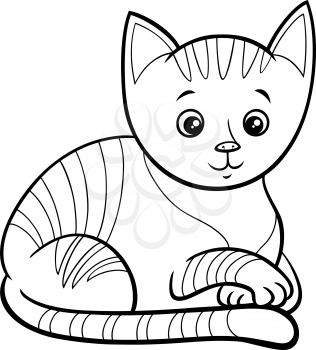 Black and white cartoon illustration of cute cat or kitten comic animal character coloring book page