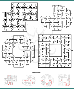 Illustration of black and white mazes leisure game graphs set with solutions