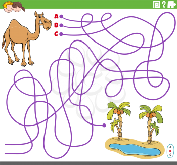 Cartoon illustration of lines maze puzzle game with dromedary camel animal character and oasis