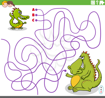 Cartoon illustration of lines maze puzzle game with baby dragon character and his mother