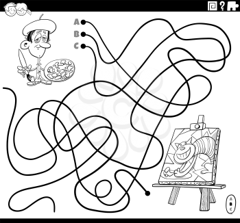 Black and white cartoon illustration of lines maze puzzle game with artist painter character and his painting on easel coloring book page