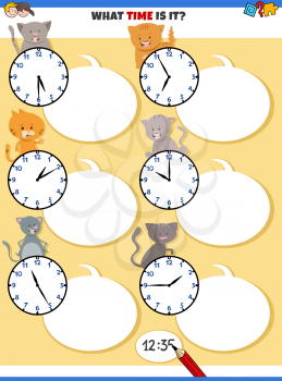 Cartoon Illustrations of Telling Time Educational Activity with Clock Face and Funny Cats and Kittens Animal Characters