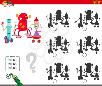 Cartoon Illustration of Finding the Shadow without Differences Educational Game for Children with Happy Robots Characters