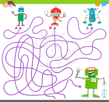 Cartoon Illustration of Lines Maze Puzzle Activity Game with Happy Robots Characters