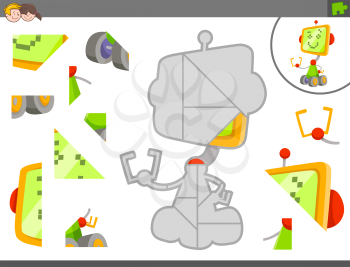 Cartoon Illustration of Educational Jigsaw Puzzle Game for Children with Robot or Droid Fantasy Character