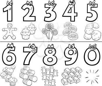Black and White Cartoon Illustration of Educational Numbers Collection from One to Nine with Sweet Food Objects Coloring Book