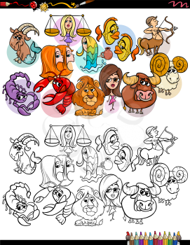Cartoon Illustration of Funny Zodiac Signs Characters Group Coloring Book Page