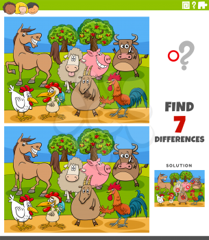 Cartoon Illustration of Finding Differences Between Pictures Educational Game for Children with Comic Farm Animals Characters
