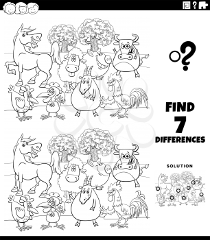 Black and White Cartoon Illustration of Finding Differences Between Pictures Educational Game for Children with Comic Farm Animals Characters Coloring Book Page