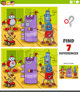 Cartoon Illustration of Finding Differences Between Pictures Educational Game for Children with Comic Robot Characters