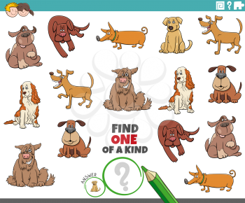 Cartoon Illustration of Find One of a Kind Picture Educational Game with Comic Dogs Animal Characters