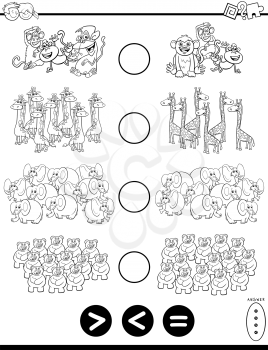 Black and White Cartoon Illustration of Educational Mathematical Puzzle Task of Greater Than, Less Than or Equal to for Children with Wild Animal Characters Coloring Book