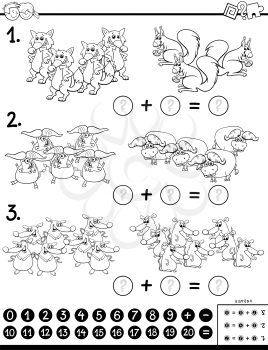 Black and White Cartoon Illustration of Educational Mathematical Addition Puzzle Task for Kids with Wild Animal Characters Coloring Book