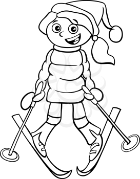 Black and White Cartoon Illustrations of Kid or Teen Girl Character on Ski at Winter Coloring Book Page