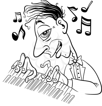 Black and white cartoon illustration of musician pianist playing the piano coloring book page