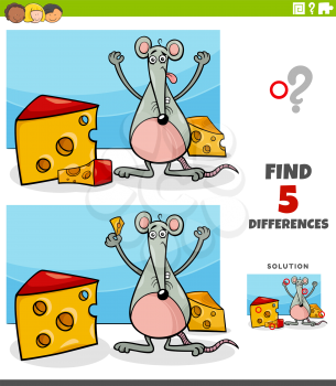 Cartoon illustration of finding the differences between pictures educational game for children with happy mouse and pieces of cheese