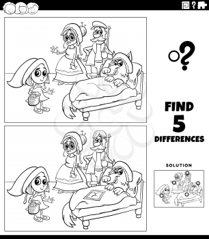 Black and white cartoon illustration of finding the differences between pictures educational game for children with Little Red Riding Hood and wolf and grandma and huntsman coloring book page
