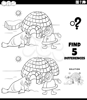 Black and white cartoon illustration of finding the differences between pictures educational game for children with Eskimo with walrus and igloo coloring book page