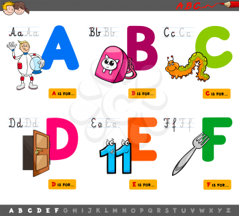 Cartoon Illustration of Capital Letters Alphabet Educational Set for Reading and Writing Practise for Kids from A to F