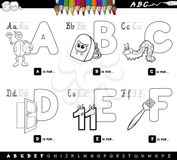 Black and White Cartoon Illustration of Capital Letters Alphabet Educational Set for Reading and Writing Practise for Kids from A to F Color Book