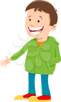 Cartoon Illustration of Happy Elementary Age or Teen Boy Character in Green Sweatshirt