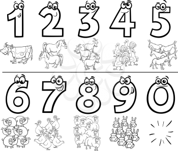 Black and White Cartoon Illustration of Educational Numbers Collection from One to Nine with Funny Farm Animal Characters Coloring Book Page