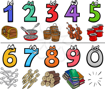 Cartoon Illustration of Educational Numbers Set from One to Nine with different Objects