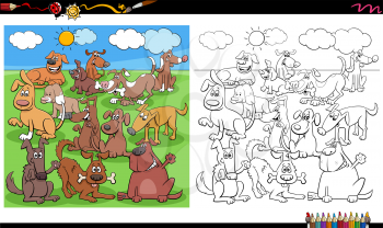 Cartoon Illustration of Playful Dogs and Puppies Animal Characters Big Group in the Park Coloring Book Page