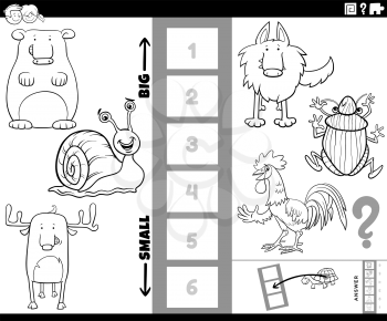 Black and White Cartoon Illustration of Educational Game of Finding the Bigest and the Smallest Animal Species with Comic Characters for Children Coloring Book Page