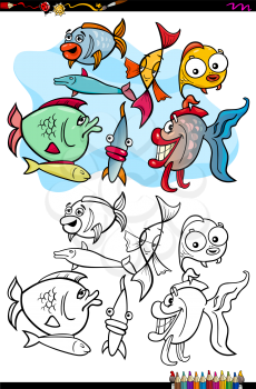 Cartoon Illustration of Funny Fish Animal Characters Coloring Book Activity