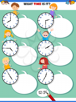 Cartoon Illustrations of Telling Time Educational Task with Clock Faces and Happy Children Characters