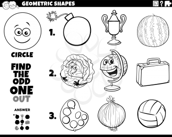 Black and White Cartoon Illustration of Circle Geometric Shape Educational Odd Obe Out Task for Children Coloring Book Page