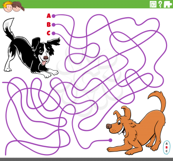Cartoon Illustration of Lines Maze Puzzle Game with Playful Dogs or Puppies Characters