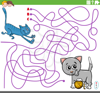 Cartoon Illustration of Lines Maze Puzzle Game with Playful Cats or Kittens Characters