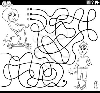 Black and White Cartoon Illustration of Lines Maze Puzzle Game with Girl on Scooter and Boy with Skateboard Coloring Book Page