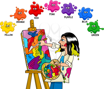 Cartoon Illustration of Basic Colors Educational Worksheet with Artist Painter Character
