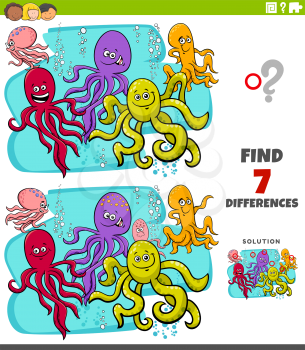 Cartoon Illustration of Finding Differences Between Pictures Educational Game for Children with Comic Octopus Characters