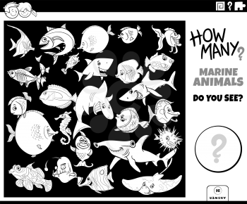 Black and White Illustration of Educational Counting Game for Children with Cartoon Funny Fish and Marine Animal Characters Group Coloring Book Page
